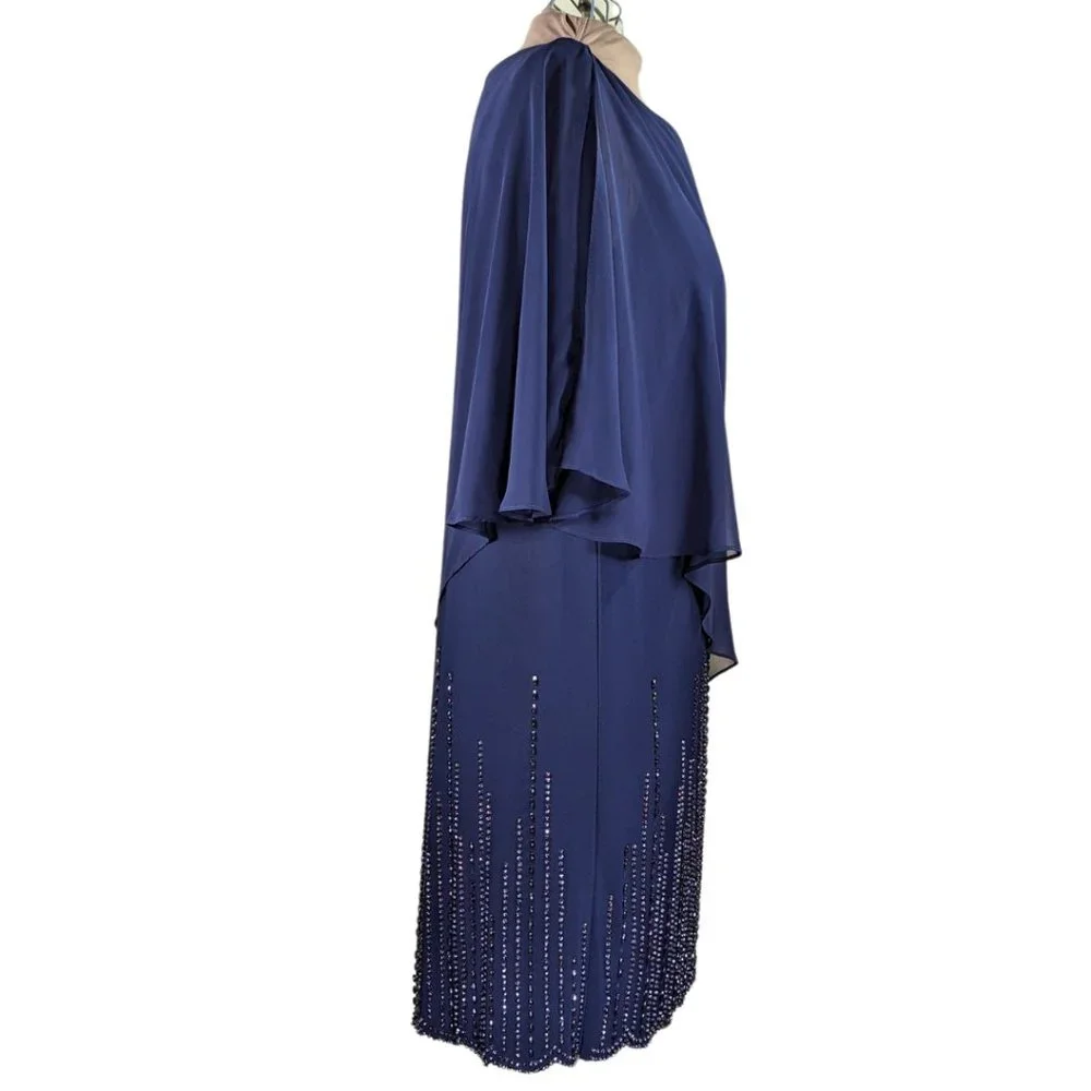 Xscape 14W Navy Blue Mother of the Bride Layered Chiffon Beaded Lined Dress - Picture 4 of 12